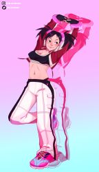 Rule 34 | 1girl, absurdres, arms up, black gloves, black hair, breasts, cleavage, cropped jacket, drawdrugz, fingerless gloves, full body, gloves, highres, instagram username, jacket, leg up, ling xiaoyu, long sleeves, medium breasts, navel, open clothes, open jacket, pants, pink footwear, red jacket, reflection, shoes, signature, sneakers, solo, stomach, tekken, tekken 4, track pants, twintails, twitter username, white pants