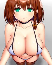 Rule 34 | 1girl, absurdres, asamura hiori, bare shoulders, bikini, blush, braid, breasts, brown hair, charlotte corday (fate), choker, cleavage, collarbone, fate/grand order, fate (series), green eyes, highres, large breasts, looking at viewer, short hair, side braid, solo, swimsuit, thighhighs, thighs, white bikini