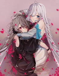 Rule 34 | 2girls, absurdres, ahoge, armpit crease, back bow, bare shoulders, bathtub, black dress, blue bow, blue eyes, blush, bow, detached sleeves, dress, falling petals, from side, grey hair, hair over one eye, highres, hug, long hair, looking at viewer, multiple girls, mutual hug, open mouth, original, partially submerged, petals, pink background, purple bow, red eyes, see-through, see-through sleeves, shotgunman, sidelocks, simple background, sleeve bow, sleeveless, sleeveless dress, swept bangs, water, white dress, white hair, yuri