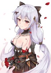 Rule 34 | 1girl, backless dress, backless outfit, bare shoulders, black bow, black dress, black sleeves, bow, breasts, closed mouth, commentary, detached sleeves, dress, from side, grey hair, hair between eyes, hair bow, highres, honkai (series), honkai impact 3rd, layered sleeves, long hair, long sleeves, looking at viewer, looking to the side, medium breasts, nami (tznami), petals, puffy short sleeves, puffy sleeves, red eyes, short over long sleeves, short sleeves, simple background, smile, solo, theresa apocalypse, theresa apocalypse (luna kindred), very long hair, white background