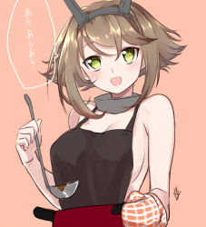 Rule 34 | 10s, 1girl, apron, ara ara, bare shoulders, breasts, brown hair, green eyes, hairband, kantai collection, ladle, large breasts, looking at viewer, mirakururu, mutsu (kancolle), naked apron, open mouth, oven mitts, pot, short hair, sideboob, signature, simple background, sketch, solo, translation request