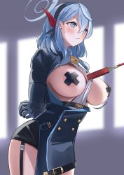 Rule 34 | 1girl, ako (blue archive), areola slip, arms behind back, bell, blue archive, blue eyes, blue gloves, blue hair, blush, breasts, buttons, closed mouth, cowbell, double-breasted, from side, gachou, garter straps, gloves, hair between eyes, hair ornament, hairband, halo, highres, large breasts, leash, long hair, long sleeves, medium hair, motion lines, neck bell, red ribbon, ribbon, solo, thighs