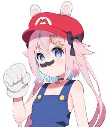 Rule 34 | 1girl, animal ears, bare shoulders, black bow, black choker, blue eyes, blue hair, bow, cabbie hat, choker, closed mouth, collarbone, commentary request, cosplay, fake facial hair, fake mustache, gloves, hair between eyes, hair bow, hand up, hat, highres, indie virtual youtuber, long hair, mario, mario (cosplay), mario (series), meito (maze), mitsuki shio, multicolored hair, nintendo, overalls, pink hair, rabbit-shaped pupils, rabbit ears, red hat, simple background, solo, streaked hair, symbol-shaped pupils, two side up, upper body, virtual youtuber, white background, white gloves