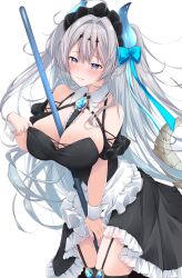 Rule 34 | 1girl, absurdres, ahoge, alternate costume, apron, azur lane, bare shoulders, between breasts, black dress, black garter straps, black thighhighs, blue bow, blue eyes, blue horns, blush, bow, breasts, closed mouth, commission, dragon tail, dress, embarrassed, enmaided, fang, frilled dress, frills, garter straps, grey hair, hair between eyes, hair bow, hair intakes, highres, horns, large breasts, long hair, looking at viewer, maid, maid headdress, mikuchi3939, pixiv commission, simple background, solo, suffren (azur lane), tail, thighhighs, two side up, white apron, white background