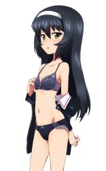 Rule 34 | 1girl, black bra, black hair, black panties, blush, bra, breasts, collarbone, commission, girls und panzer, hair ornament, hairband, kayabakoro, lingerie, long hair, looking at viewer, military, military uniform, navel, ooarai military uniform, open mouth, panties, pixiv commission, reizei mako, shiny skin, simple background, small breasts, solo, standing, underwear, uniform, white background, yellow eyes