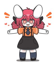Rule 34 | 1girl, animal ears, black footwear, black necktie, black skirt, black thighhighs, chibi, collared shirt, commentary request, glasses, hair between eyes, heart, highres, long hair, necktie, notice lines, orange eyes, orange shirt, original, outstretched arms, rabbit ears, red hair, shadow, shirt, shoes, short eyebrows, short sleeves, simple background, skirt, solo, spread arms, suspender skirt, suspenders, thick eyebrows, thighhighs, twintails, uni souchou, white background