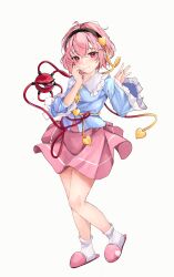 Rule 34 | 1girl, \||/, absurdres, blue shirt, crossed bangs, full body, hair between eyes, hair ornament, hairband, hands up, heart, heart hair ornament, highres, komeiji satori, looking at viewer, orchid (orukido), pink eyes, pink hair, pink skirt, shirt, short hair, simple background, skirt, slippers, smile, solo, standing, third eye, touhou, white background