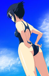 Rule 34 | 1girl, adjusting clothes, adjusting swimsuit, akiyama mio, alternate hairstyle, ass, back, black hair, blue eyes, blue theme, breasts, cloud, competition swimsuit, curvy, day, female focus, from below, hair bun, highres, huge ass, k-on!, medium breasts, morisawa haruyuki, one-piece swimsuit, shiny skin, single hair bun, sky, solo, soukyuu no karma, standing, swimsuit