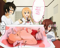 Rule 34 | 10s, 1boy, 2girls, black hair, blonde hair, blush, bottomless, breasts, brother and sister, brown eyes, brown hair, butterfly sitting, censored, clothed sex, clothes lift, controller, covered erect nipples, doma taihei, doma umaru, ebina nana, glasses, hard-translated, hetero, himouto! umaru-chan, kotatsu, large breasts, long hair, lying, morokoshitaroh, motion lines, multiple girls, on stomach, open mouth, panties, penis, pillow, playing games, profile, pun, school uniform, semi-rimless eyewear, sex, short hair, siblings, sitting, skirt, skirt lift, stealth sex, striped clothes, striped panties, table, third-party edit, translated, twintails, under-rim eyewear, under kotatsu, under table, underwear, vaginal, wavy mouth