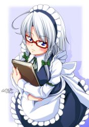 Rule 34 | 2017, ahoge, apron, arm garter, bespectacled, blue dress, blue eyes, book, hugging book, bow, braid, breasts, closed mouth, dated, dress, from above, glasses, green bow, green ribbon, hair bow, holding, holding book, izayoi sakuya, juliet sleeves, long sleeves, looking up, maid, maid headdress, neck ribbon, hugging object, puffy sleeves, red-framed eyewear, ribbon, signature, silver hair, tatsuya (guild plus), touhou, twin braids, waist apron