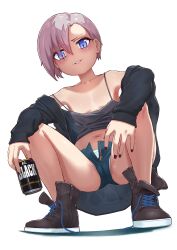 Rule 34 | 1girl, bare legs, black footwear, black jacket, black nails, blue eyes, can, carbon12th, collarbone, ear piercing, flat chest, high tops, highres, holding, holding can, jacket, looking at viewer, nail polish, navel, off shoulder, original, paid reward available, panties, piercing, purple hair, shoes, short hair, short shorts, shorts, smile, sneakers, squatting, teeth, thighs, underwear, untied footwear, unzipped, white panties