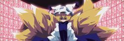 Rule 34 | 1girl, ane, animal ears, anime coloring, blonde hair, fox ears, fox tail, hands in opposite sleeves, hat, highres, ofuda, red eyes, shaded face, solo, tail, touhou, wide sleeves, yakumo ran
