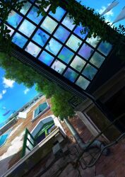 Rule 34 | absurdres, berry, blue sky, building, bush, ceiling, clothes, cloud, cloudy sky, glass, glass ceiling, highres, industrial pipe, lead pipe, no humans, open window, original, outdoors, pei (sumurai), plant, potted plant, scenery, sky, vines, wall, window, windowsill, wire