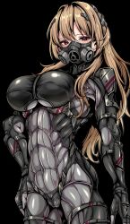 Rule 34 | 1girl, abs, absurdres, arm at side, armored bodysuit, black background, blonde hair, bodysuit, breasts, covered pussy, hair intakes, hand on own hip, highres, large breasts, long hair, looking at viewer, muscular, muscular female, original, red eyes, respirator, schopdehollyhotter, skin tight, solo, standing