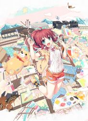 Rule 34 | 1girl, :d, absurdres, argyle, argyle clothes, argyle legwear, bear, breasts, city, cura, drawings, full body, green eyes, hair ornament, highres, jacket, maitetsu, migita hibiki, notebook, open mouth, pen, pencil, red hair, shirt, shoes, shorts, small breasts, smile, socks, solo, stuffed animal, stuffed toy, t-shirt
