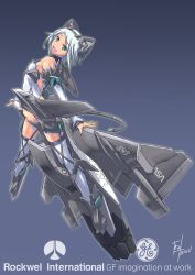 Rule 34 | 1girl, artist name, blonde hair, blue background, boots, detached sleeves, emblem, flying, full body, general electric, gradient background, green eyes, headgear, highres, himat, leotard, logo, looking at viewer, mecha musume, nenchi, open mouth, original, rockwell international, roundel, signature, smile, solo, thigh boots, thighhighs