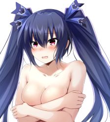 Rule 34 | 1girl, black hair, blue ribbon, blush, breasts, covering privates, covering breasts, crossed arms, doria (p f dolia), embarrassed, hair ribbon, highres, long hair, looking at viewer, medium breasts, neptune (series), noire (neptunia), open mouth, red eyes, ribbon, solo, tearing up, twintails, upper body