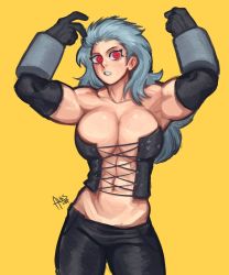 Rule 34 | 1girl, abs, breasts, corset, dorohedoro, earrings, gabriel ales, gloves, highres, jewelry, large breasts, long hair, looking at viewer, muscular, muscular female, navel, noi (dorohedoro), red eyes, simple background, solo, white hair