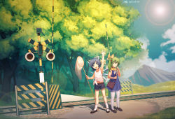 Rule 34 | 2girls, :d, ;), alternate costume, arm up, bag, bare arms, barricade, black footwear, blue bow, blue dress, blue eyes, blue hair, blue shorts, blurry, blurry background, bow, brown footwear, butterfly net, calf socks, chinese commentary, cirno, closed mouth, commentary request, contemporary, daiyousei, dated, day, denim, denim shorts, dress, fairy wings, finger to cheek, forest, furahata gen, green eyes, green hair, hair bow, hair ornament, hairclip, hand net, hand up, handbag, highres, holding, lens flare, loafers, looking at viewer, mary janes, mountain, multiple girls, nature, one eye closed, one side up, open mouth, outdoors, partial commentary, pinafore dress, pointing, pointing up, railroad crossing, railroad signal, railroad tracks, sailor collar, shadow, shirt, shoes, short hair, shorts, sidewalk, signature, sleeveless, sleeveless dress, sleeveless shirt, smile, standing, summer, sun, thighhighs, tied shirt, touhou, white legwear, white shirt, white wristband, wide shot, wings, wristband, yellow sailor collar