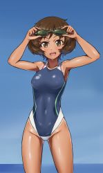 Rule 34 | 10s, 1girl, akiyama yukari, arms up, blush, breasts, brown eyes, brown hair, competition swimsuit, girls und panzer, goggles, highres, looking at viewer, one-piece swimsuit, one eye closed, open mouth, short hair, smile, solo, solokov (okb-999), swimsuit, tan, tanline, wet, wet clothes, wet swimsuit