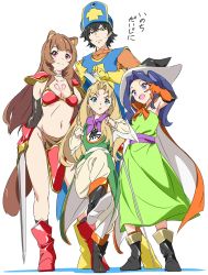 Rule 34 | 1boy, 3girls, alternate costume, animal ears, bikini, bikini top only, black eyes, black footwear, black gloves, black hair, blonde hair, blue eyes, blue hair, blunt bangs, boots, brown hair, cape, chest tattoo, cosplay, dragon quest, dragon quest iii, dress, fighter (dq3), fighter (dq3) (cosplay), filo (tate no yuusha no nariagari), gloves, graphite (medium), green dress, iwatani naofumi, long hair, looking at viewer, mage (dq3), mage (dq3) (cosplay), melty q melromarc, multiple girls, navel, orange cape, pants, priest (dq3), priest (dq3) (cosplay), raccoon ears, raccoon girl, raccoon tail, raphtalia, red bikini, red footwear, red gloves, sash, slave tattoo, smile, soldier (dq3), soldier (dq3) (cosplay), standing, swimsuit, tabard, tail, tate no yuusha no nariagari, tattoo, traditional media, umanosuke, very long hair, white pants, yellow gloves