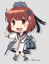 Rule 34 | 1girl, adapted turret, anchor symbol, binoculars, brown eyes, brown hair, cannon, cherry blossoms, commentary request, dress, flower, grey background, grey neckerchief, hair flower, hair ornament, headset, kantai collection, looking at viewer, machinery, nao (nao eg), neckerchief, open mouth, pointing, round teeth, sailor dress, short hair, smile, solo, speaking tube headset, teeth, turret, twitter username, upper teeth only, yukikaze (kancolle), yukikaze kai ni (kancolle)