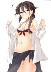 Rule 34 | 10s, 1girl, adapted costume, bad id, bad pixiv id, bare shoulders, bikini, black hair, blue eyes, braid, breasts, dress shirt, hair flaps, hair over shoulder, kankitsunabe (citrus), kantai collection, sarong, shigure (kancolle), shigure kai ni (kancolle), shirt, simple background, single braid, small breasts, solo, swimsuit
