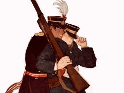Rule 34 | 2boys, adjusting clothes, adjusting headwear, black eyes, black hair, character request, chengongzi123, dark skin, dark-skinned male, golden kamuy, gun, hand up, hat, hat feather, highres, holding, holding gun, holding weapon, long sleeves, male focus, military, military hat, military uniform, multiple boys, pouch, simple background, smile, standing, sweat, tsukishima hajime, uniform, weapon, white background