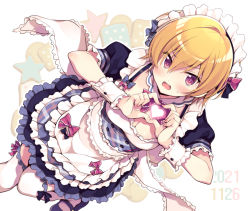 Rule 34 | 1girl, alternate costume, apron, black dress, black footwear, blonde hair, blush, breasts, commentary request, dated, dress, enmaided, frilled cuffs, frilled sleeves, frills, frown, heart, heart hands, idolmaster, idolmaster shiny colors, lace, lace-trimmed legwear, lace trim, leg up, looking at viewer, maid, maid apron, maid headdress, mary janes, medium breasts, odawara hakone, open mouth, puffy short sleeves, puffy sleeves, purple eyes, saijo juri, shoes, short dress, short hair, short sleeves, solo, standing, standing on one leg, sweatdrop, thighhighs, white apron, white background