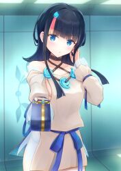 Rule 34 | 1girl, bare shoulders, black hair, blue eyes, blue ribbon, blush, box, breasts, collarbone, dress, fate/grand order, fate/requiem, fate (series), gift, gift box, highres, iro tsukikusa, jewelry, large breasts, long sleeves, looking at viewer, magatama, magatama hair ornament, magatama necklace, medium hair, multicolored hair, necklace, outstretched arm, pelvic curtain, puffy long sleeves, puffy sleeves, ribbon, seigaiha, short dress, sideboob, sideless outfit, sidelocks, solo, streaked hair, utsumi erice, valentine