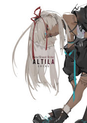 Rule 34 | 10s, 1girl, altera (fate), alternate costume, alternate hairstyle, baggy clothes, bare legs, bare shoulders, black footwear, character name, closed mouth, copyright name, dark-skinned female, dark skin, fate/extella, fate/extra, fate/grand order, fate (series), hair ribbon, hand on own knee, head tilt, highres, jacket, legs, long hair, looking at viewer, red eyes, red ribbon, ribbon, shenq, simple background, socks, solo, tan, white background, white hair