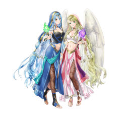 Rule 34 | 2girls, absurdres, azura (fire emblem), blonde hair, blue eyes, blush, breasts, capelet, cleavage, closed mouth, collarbone, commentary request, detached collar, dress, feathered wings, fire, fire emblem, fire emblem: radiant dawn, fire emblem fates, fire emblem heroes, full body, gold trim, green eyes, habit, highres, holding, jewelry, kaya8, leanne (fire emblem), long hair, looking at viewer, medium breasts, midriff, multiple girls, navel, necklace, nintendo, official art, pantyhose, parted lips, see-through, simple background, smile, standing, stomach, toes, torch, very long hair, white background, wings, yellow eyes