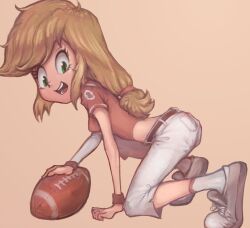 Rule 34 | 1girl, all fours, american football, applejack, ass, ball, belt, blonde hair, breasts, brown belt, conoghi, football uniform, green eyes, grey footwear, hasbro, long hair, looking at viewer, midriff, my little pony, my little pony: equestria girls, my little pony: friendship is magic, open mouth, pants, ponytail, red shirt, shirt, shoes, short sleeves, small breasts, smile, sneakers, soccer ball, socks, sportswear, teeth, white pants, white socks, wristband, yellow background