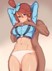 Rule 34 | 1boy, 1girl, abs, arms up, bad id, bad pixiv id, blue eyes, blue shirt, blush, breasts, breath, brown background, closed mouth, clothed female nude male, commentary, cowboy shot, creatures (company), cropped shirt, dark-skinned male, dark skin, english commentary, eyes visible through hair, faceless, faceless male, frown, furrowed brow, game freak, grabbing, grabbing from behind, gradient background, groping, hair between eyes, hair ornament, heavy breathing, long hair, long sleeves, medium breasts, navel, nintendo, nude, pablo (hshhhh321), panties, pokemon, pokemon bw, red hair, shirt, simple background, skyla (pokemon), solo focus, standing, stomach, swept bangs, tan, thighs, topknot, trembling, underwear, white panties