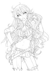 Rule 34 | 1girl, bad id, bad pixiv id, breasts, cleavage, greyscale, hand on own hip, highres, lineart, long hair, looking at viewer, ml.e, monochrome, original, pointy ears, smile, solo, very long hair