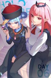 Rule 34 | 2girls, absurdres, anzailee, black cape, blue eyes, blue hair, bottle, breasts, cape, china dress, chinese clothes, double bun, dress, fangs, hair bun, hand on another&#039;s shoulder, hand on lap, hat, highres, holding, holding bottle, hololive, hololive english, hololive indonesia, jiangshi costume, kobo kanaeru, large breasts, long hair, looking at viewer, mori calliope, multiple girls, neck tassel, ofuda, pink hair, pointy ears, qingdai guanmao, red eyes, red nails, shirt, sitting, slit pupils, vampire costume, virtual youtuber, white shirt