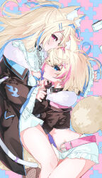 Rule 34 | 2girls, absurdres, animal ear fluff, animal ears, azusa (azunyan12), belt, belt collar, black collar, black jacket, blonde hair, blue eyes, blue hair, blush, breasts, collar, cropped jacket, dog ears, dog girl, dog tail, dress, fishnet thighhighs, fishnets, frilled shorts, frills, fur-trimmed jacket, fur trim, fuwawa abyssgard, fuwawa abyssgard (1st costume), hair ornament, hairpin, highres, hololive, hololive english, jacket, long hair, medium breasts, medium hair, mococo abyssgard, mococo abyssgard (1st costume), multicolored hair, multiple girls, pink belt, pink eyes, pink hair, short dress, short shorts, shorts, siblings, sidelocks, single thighhigh, sisters, spiked collar, spikes, streaked hair, tail, thighhighs, twins, two side up, virtual youtuber, white dress, white shorts, x hair ornament