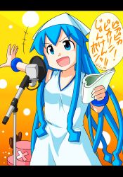 Rule 34 | 10s, 1girl, blue eyes, blue hair, crossover, dress, eimsman, gradient background, hat, highres, ikamusume, kanemoto hisako, long hair, microphone, microphone stand, one piece, ootani ikue, orange background, precure, shinryaku! ikamusume, smile precure!, tentacle hair, tony tony chopper, translation request, voice actor connection, yellow background