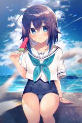 Rule 34 | 1girl, animal, bird, black hair, blue eyes, blue neckerchief, blue one-piece swimsuit, blue sky, blush, closed mouth, cloud, cloudy sky, collarbone, commentary request, day, gyozanuko, hair between eyes, hair ornament, hairclip, highres, neckerchief, old school swimsuit, one-piece swimsuit, original, outdoors, sailor collar, school swimsuit, school uniform, serafuku, shirt, short sleeves, sitting, sky, smile, solo, swimsuit, swimsuit under clothes, water, white sailor collar, white shirt