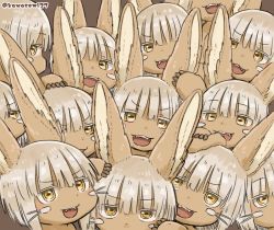 Rule 34 | 6+others, ambiguous gender, animal ears, bad id, bad twitter id, blunt bangs, brown background, clone, furry, highres, kawasemi27, looking at viewer, made in abyss, multiple others, nanachi (made in abyss), open mouth, rabbit ears, short hair, twitter username, white hair, yellow eyes