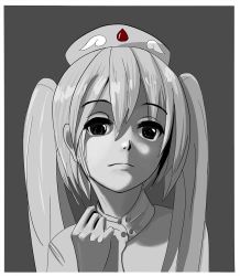 Rule 34 | 1girl, artist request, ebola-chan, expressionless, eyebrows, female focus, grey background, greyscale, hair between eyes, hat, long hair, looking at viewer, monochrome, nurse cap, original, portrait, simple background, solo, source request, spot color, twintails, upper body