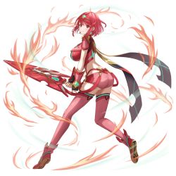 Rule 34 | 1girl, absurdres, aegis sword (xenoblade), ass, black gloves, breasts, chest jewel, earrings, fingerless gloves, gem, gloves, gluteal fold, headpiece, highres, jewelry, large breasts, pyra (xenoblade), red eyes, red hair, red shorts, short hair, short shorts, shorts, solo, suspenders, swept bangs, sword, taro (peach taro51), thighhighs, tiara, weapon, xenoblade chronicles (series), xenoblade chronicles 2, zettai ryouiki