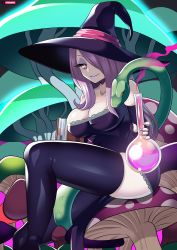 Rule 34 | 1girl, aged up, artist name, ass, bad id, bad pixiv id, bare shoulders, black thighhighs, book, breasts, cleavage, collarbone, eyelashes, hair over one eye, hat, highres, large breasts, lipstick, little witch academia, long hair, looking at viewer, makeup, mushroom, purple hair, red eyes, skindentation, smile, snake, solo, steve chopz, sucy manbavaran, thighhighs, thighs, witch, witch hat