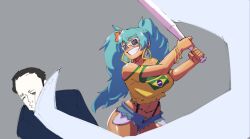 1boy 1girl baseball_bat black_hair blue_hair brazilian_flag brazilian_miku brazilian_twitter_ban breasts commentary cosmikaizer cropped_shirt dark-skinned_female dark_skin denim denim_shorts earrings elon_musk english_commentary grey_background hatsune_miku hitting holding holding_baseball_bat jewelry medium_breasts midriff mole mole_under_mouth navel parted_lips real_life shirt short_shorts shorts smile sunglasses suspenders swinging twintails vocaloid yellow_shirt