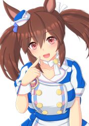 Rule 34 | 1girl, 2-butani, absurdres, animal ears, award ribbon, breasts, brown hair, buttons, choker, closed mouth, commentary request, cropped torso, double-breasted, hat, highres, hishi akebono (umamusume), horse ears, horse girl, jacket, long hair, looking at viewer, medium breasts, mini hat, red eyes, simple background, solo, twintails, umamusume, upper body, white background