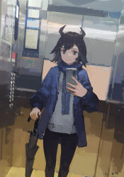 Rule 34 | 1girl, absurdres, black pants, blue jacket, blue scarf, brown eyes, brown hair, cellphone, closed mouth, closed umbrella, commentary, dated, elevator, english commentary, feet out of frame, highres, holding, holding phone, horns, jacket, long sleeves, looking at viewer, original, pants, phone, scarf, selfie, short hair, smartphone, smile, solo, sweater, umbrella, white sweater, zygocactus