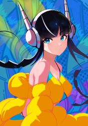Rule 34 | 1girl, abstract background, black hair, blue eyes, breasts, cleavage, creatures (company), elesa (pokemon), game freak, headphones, highres, looking at viewer, nintendo, parted lips, pokemon, pokemon bw2, seerdraws, short hair with long locks, sketch, solo, upper body