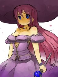 Rule 34 | 1girl, bare shoulders, blue eyes, blush, breasts, cleavage, dress, female focus, hat, holding, jewelry, long hair, necklace, nijitama shiyushiyu, original, pink hair, scepter, solo, strapless, strapless dress, very long hair, wand, witch, wristband