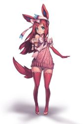 Rule 34 | 1girl, animal ears, bare shoulders, blue eyes, bow, creatures (company), dress, elbow gloves, full body, game freak, gen 6 pokemon, gloves, hair bow, hair ornament, newey, nintendo, panties, pantyshot, personification, pink gloves, pink hair, pink panties, pink thighhighs, pokemon, ribbed dress, short dress, smile, solo, standing, sylveon, tail, thighhighs, underwear