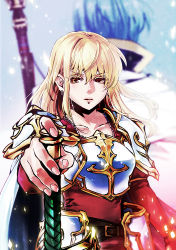 Rule 34 | 1boy, 1girl, armor, back-to-back, belt, blonde hair, blue hair, breastplate, cape, collarbone, commentary request, dress, earrings, finn (fire emblem), fire emblem, fire emblem: genealogy of the holy war, jewelry, lachesis (fire emblem), long hair, looking at viewer, niku (amikoto), nintendo, pauldrons, pink dress, shoulder armor, upper body, white cape, yellow eyes